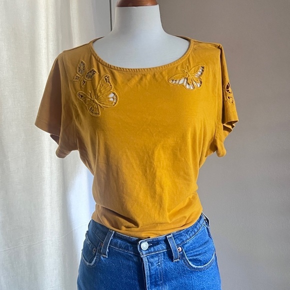 Madewell Mustard Yellow Butterfly Cutout 100% Cotton Top - Picture 1 of 7